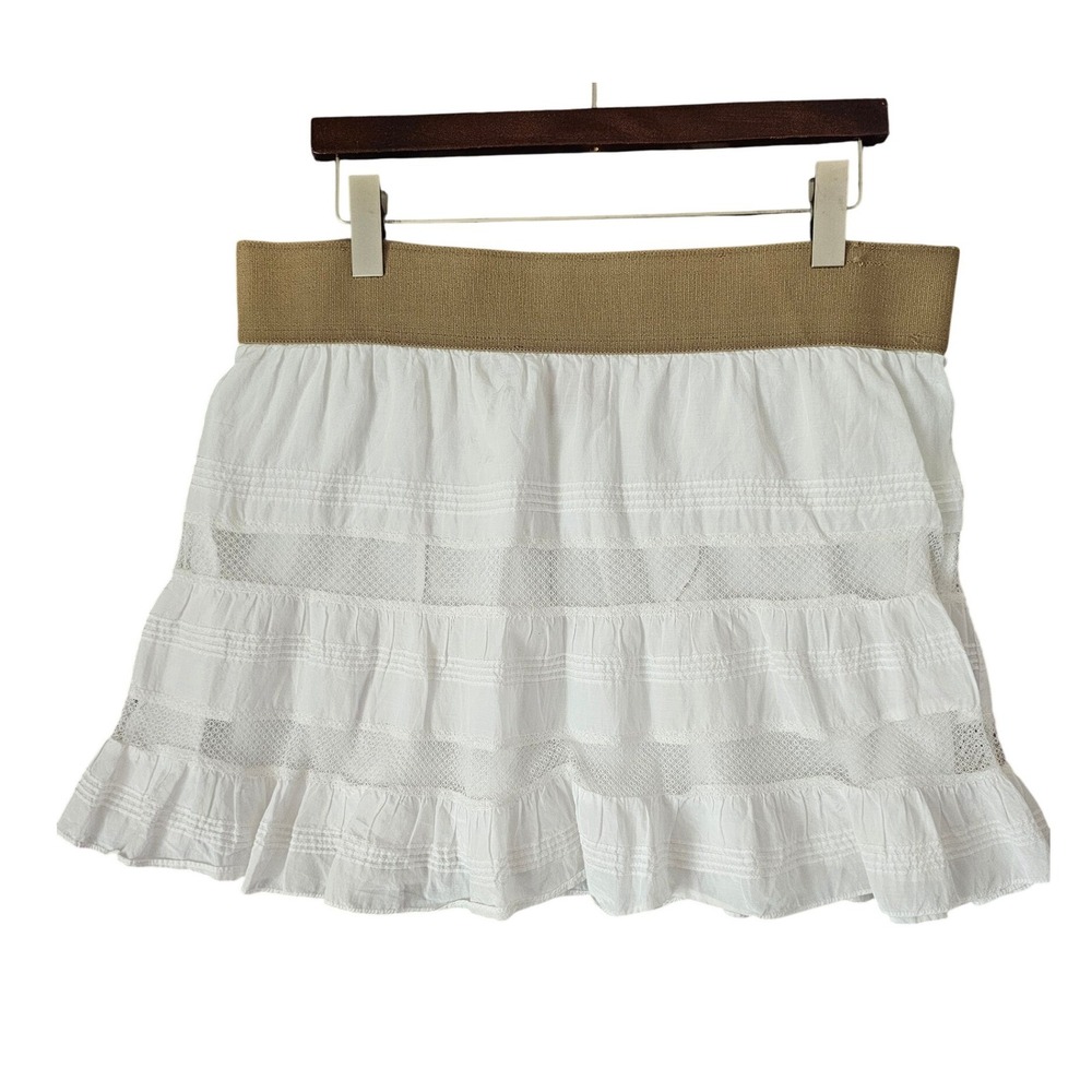 Free People White Tiered Mini Skirt Tan Elastic Waist Crochet Lace Boho Large